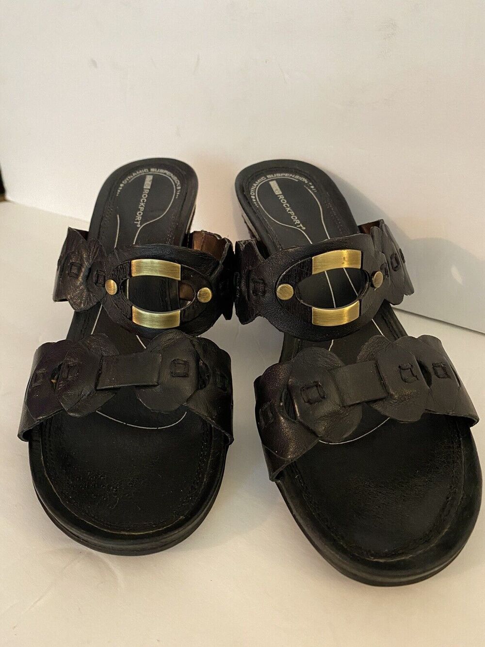 Rockport Black Leather Sz 8 Circles Entwined Strappy Metal Center Wedge sandals